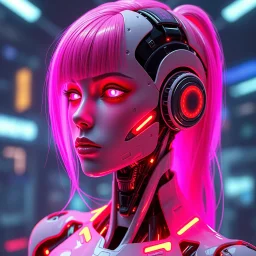 a cyberpunk female android robot, bright hair, futuristic, dystopia, cyberpunk, neon