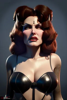 Rita Hayworth as evil queen in black leather, leather, busty, cleavage, angry, stern look. character design by cory loftis, fenghua zhong, ryohei hase, ismail inceoglu and ruan jia. unreal engine 5, artistic lighting, highly detailed, photorealistic, fantasy