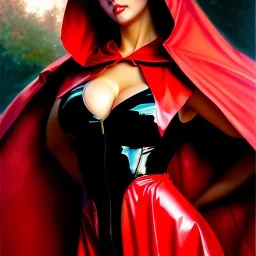 fullbody portrait 'beautiful sexy busty mature Red Riding Hood',wearing black skintight latex suit,hyperrealistic skin,Hyperrealistic Big eyes,painting by gaston bussiere, greg rutkowski, yoji shinkawa, yoshitaka amano, tsutomu nihei, donato giancola, tim hildebrandt, oil on canvas, cinematic composition,sharp image, extreme detail,((fit full head inside picture)),32k