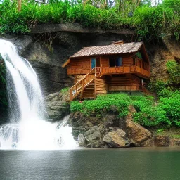 turtle and waterfall and house