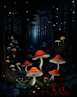 A black forest filled with glowing mushrooms painted by Leonardo da Vinci