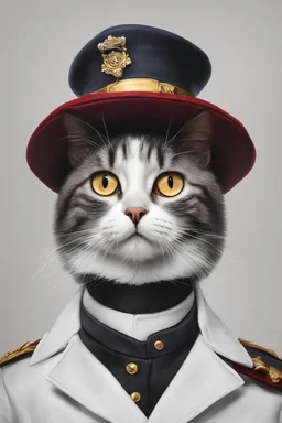 Portrait of a cat in a hat and uniform, made in a realistic style on a uniform white background
