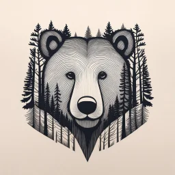 M shaped bear head surrounded with lots of woods silhouette in background, letterpress style, minimalistic pencil art