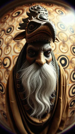 fish eye lense, pin hole cam, master oil painting by Rembrandt, realistic rendering Portrait of the Apkallu sage who were sent by the god Ea to teach civilization to humanity before the flood. They were depicted as half-human and half-fish or bird, and were associated with wisdom, magic, and culture. blurred tile yin yang pattern background, brightened edges to give a sense of depth