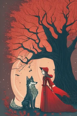 in a cosy vintage style, a beautiful witch marvels at a red tree with a wolf nearby