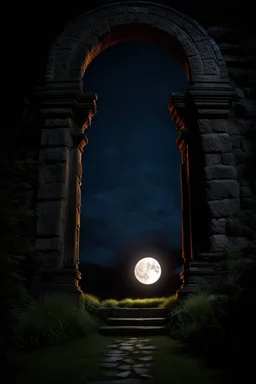 Stone moongate glowing at night under a full moon dark fantasy