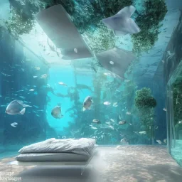 a gorgeous, stunning underwater room with glass wall, white cushions, dark wood, foliage, ocean marine life, 8k resolution, high-quality, fine-detail, iridescent, intricate, digital art, detailed matte, volumetric lighting, illustration, 3D octane render, brian froud, howard lyon, selina french, anna dittmann, annie stokes, lisa parker, greg rutowski, George Grie, Ben Goossens, Igor Morski