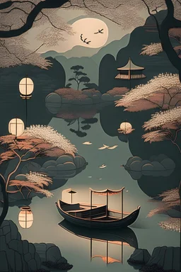 Somber Japanese garden with Chinese lanterns, and a river with an empty boat, in the style of art deco