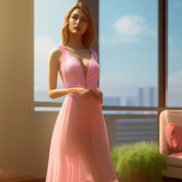 photograph of a woman, standing in a modern living room with large windows, stunning environment, ultra realistic, concept art, elegant, ((intricate)), ((highly detailed)), depth of field, (((professionally color graded))), 8k, 85mm, f/1.8, art by artgerm and greg rutkowski and alphonse mucha