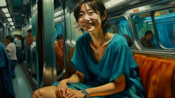 Neoclassicism 2 japanese woman smiling sitting in metro realistic cote d'azur painting colorfull