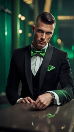 Handsome male model aged 30. buzzcut hair, wearing a black tuxedo with a green bow tie. Hyperrealistic 4k dark fantasy