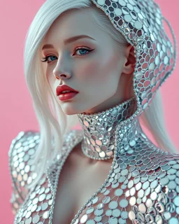 pink back ground ,A mesmerizing fusion of intimate abstraction and surreal futurism, depicting a striking female albino figure adorned in a breathtaking silver chrome-scaled suit. The intricate structure of the suit echoes the hyper-fractal nature of a coherent hyper-position lattice, creating a dynamic interplay of light and form that seems almost otherworldly. Her presence is both mysterious and seductive, yet tinged with an innocent vulnerability, as she gazes outward with an expression of