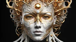 3D rendering of a celestial head of an impressively detailed and complex hyper-realistic "human anatomy": scientific, single object, glossy white, shiny gold, vines, tribalism, black background, shamanism, cosmic fractals, octane rendering, 8k post-processing, detailed metallic bones, dendritic, artstation: award-winning: professional portrait: atmospheric: commanding: fantastic: clarity: 16k: ultra quality: astounding: shine: stunning colors: stunning depth