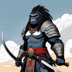 [comics Head Lopper style by Andrew MacLean] a gorilla female with dreadlocks, clad in intricate samurai armor, stood poised on high guard, her keen eyes scanning the horizon for any sign of danger. In her powerful grip, she wielded a gleaming katana, its blade reflecting the light with a deadly glint.