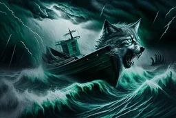 A giant lumbering grey wolf attacks a tiny boat in a stormy sea, a dark, ominous image, black, turquoise (a little closer to green) and white colours, rain, wind, lightning, dynamic, surreal. And a cat. Definitely a cat.