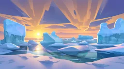 cartoon illustration: nature with icebergs and frozen sea, sun in the sky