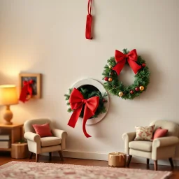 miniature beautiful christmas wreath with a red bow hung over a mouse hole in a wall of a suburban living room, humorous, kitschy, concept art