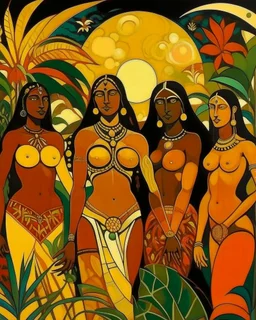 A tan heaven with fallen warriors designed in Australian aboriginal art painted by Paul Gauguin