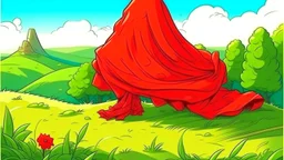 fantasy cartoon illustration: red handkerchief tied around a shrub on the hill