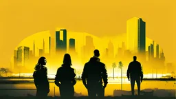 Create a GTA 5 illustration style image of 3 people and a city with a yellowish atmosphere