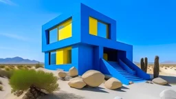 A modern blue building with a large window and a raised platform in the foreground made of yellow rocks or sand