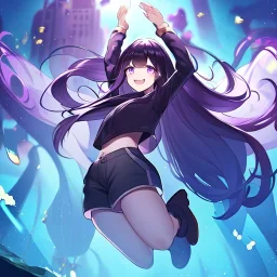 Clear focus,High resolution, Black long straight hair, and purple eyes, wearing shorts,with stocking, with long boots on, Happy, Jumping