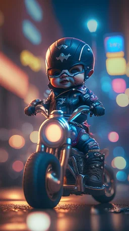 A Sharp Kawaii tiny hyper realistic baby captain america riding mini harley davidson, wearing bikers clothes with happy smile action, night of cyberpunk city background. wide angle full body, 8k, Cinematography, photorealistic,epic composition Unreal Engine,Cinematic, Color Grading, Portrait Photography,Ultra-Wide Angle, Depth of Field, hyper detailed