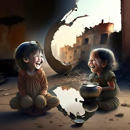 A teapot is shining and a laughing child is looking at it. The child’s image is reflected inside the teapot and behind the child is the reflection of a destroyed city.