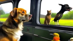 Bird driving semi truck with dogs and cats