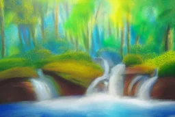 Abstract art of a forest with a serene creek and little waterfalls