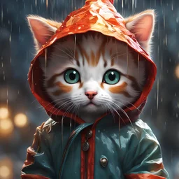 hyperdetailed, 4k, highres, masterpiece, Cute adorable chibi kitten wearing rain coat, whimsical and endearing style; Bright royalty colors colors; extreme detail; intricate motifs; gorgeous eyes: Bastien Lecouffe Deharme; jeremy_mann; andree_wallin : deep depth of field : bright dramatic lighting : craig_mullins; radial; maximalist; deviantart; Ray Tracing; Yoshikata Amano; Edwin Landseer; Ismail Inceoglu; Russ Mills; Victo Ngai; Bella Kotak; 3d; perfect composition, ultra-realistic, 8k