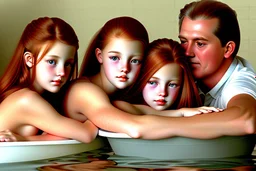 digital art of beautiful young auburn hair teenage girls with dad in the bedroom in a bathtub with grandpa hugging bare lips