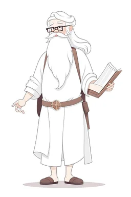 Disney style, white hair, white skin, white beard, coloring book, minimalism, simple lines, white background, STICKER, WHOLE BODY, A CUTE man with ajacket in his hand, long white beard, flowing hair, and long tunic, sandals, open arms, A detailed illustration, in the style of Studio Ghibli, 3D vector art, cute and quirky, fantasy art, Adobe Illustrator, hand-drawn, low-