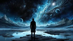 Melancholy, a solitary wanderer looking into the frozen cosmos, a vast galaxy growing from a crack in their chest while stars slowly escape into the darkness, surreal emotional symbolism, deep longing for something forever unreachable, blue-black color palette, ethereal light, breathtaking cosmic scenery, melancholic dream, masterpiece, highly detailed