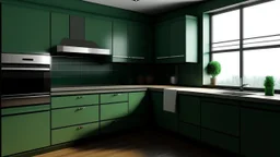 kitchen with dark green furniturel, on the left side next to the window there is a microwave and oven installed in the furniture, and on the right side 5 cm from the induction hob and a kitchen hood above it,