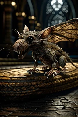 terrifying winged rat sculpture with rattle snake head on underground bone bridge, in the style of fantasy movies, photorealistic, shot on Hasselblad h6d-400c, zeiss prime lens, bokeh like f/0.8, tilt-shift lens 8k, high detail, smooth render, down-light, unreal engine 5, cinema 4d, HDR, dust effect, vivid colors