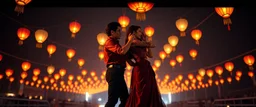 Hyper Realistic Photographic Long Shot View Of a couple Dance closely (with man wearing a maroon silk shirt & tight black jeans with woman wearing maroon gown) at romantic night with sky lanterns detailed matte painting, deep color, fantastical, intricate detail, splash screen, complementary colors, fantasy concept art, 8k resolution trending on Artstation Unreal