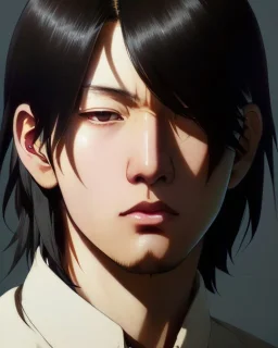 Detailed sad male anime boy with long brown hair, intricate details, full body portrait, keep head in frame, slight, black Japanese motif, concept art, highly detailed, digital painting, concept art, sharp focus, illustration, art by Yoji Shinkawa, WLOP and greg rutkowski and alphonse mucha and artgerm and yanjun Chen and Junji ito and Makoto Shinkai, HDR, octane render