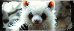 3d airbrush render, white fluffy gnome native panda elf alien dodo , pinhole cam, airbrush 3d rendering, in the style of Titian and Dali , torn edges on border