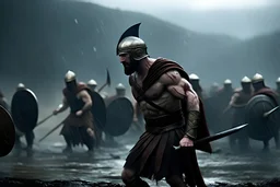 Cinematic shot of King Leonidas holding a spear, in the middle of a intense battle in Sparta Battlefield, the background is a battlefield , clash of swords, masculine, bodybuilder, determined, dynamic action, dynamic motion, combat pose, epic, dramatic, wide angle shot, cinematic lighting, rain, photorealistic, clean sharp focus, film grain, hyper - detailed, vibrant colour, sunrise, directed by Zack Snyder