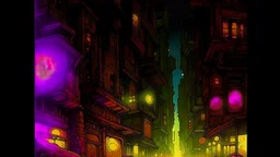 John Harris Style page, dark serious 1990s style, ((masterpiece, best quality)), (((solo))), full color, retro anime style, full color, dark serious 1980s steampunk cityscape, magic,