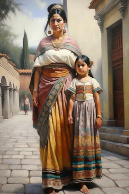 2 mexican woman painting neoclassism standing whole body zoom out standing in a traditional mexican city with child