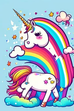 kids illustration, a cute unicorn playing and rainbow in background, cartoon style, thick line, low details, vivid color