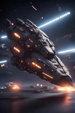 spaceship like raft in space, tilt-shift lens 8k, high detail, smooth render, looks like a dark twisted alien space ship with spotlights, down-light, unreal engine, prize winning