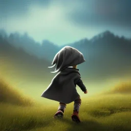 thick oil paint of a tiny little character with long hair a grey hood covering face and a grey cloak side-running up a green grass hill, rimlight, profile, silhoutte, flare, colorful, joyful, bright, epic, realistic, detailed, sky in the background, happy pose, more colors, dragon flying over the mountains, leather boots