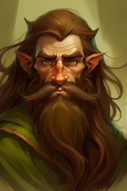 Gnom, braune lange wilde Haare, große, auffällig dicker Nase, grüne Augen, sehr jung (etwa zwanzig Jahre) , Druide, gebräunte Haut, kein Bart, Mann