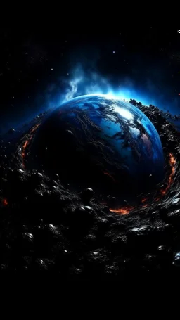 Intense cold dark blue planet behind Earth view from a distance, Hole apocalypse wipes out Universe. Cold blue cloudy hole collision explodes in outer space.a shape of devilish dark body with hood in the hole like sucked in side Epic galaxy with growing black hole. Cinematic interstellar