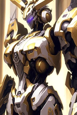 a close up of a gandam robot in a building, concept art of omegamon, arasaka mech, from arknights, intricate assasin mecha armor, mecha art, mecha anime, barbatos mobile suit, the golden humanoid robot, anime mech armor, modern mecha anime, beautiful gold saint, mecha, cgsociety 9