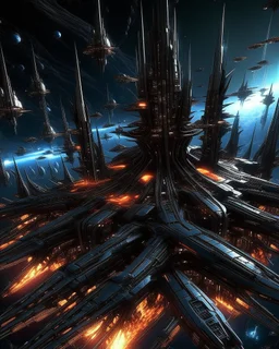 Extreme low-angle perspective captures the Aetherion Legion, a celestial armada of 1,000+ hyper-advanced silver starships , erupting from the colossal orbital citadel Nexus Prime. Each vessel boasts sleek, dagger-like profiles forged from blackened neutronium alloy, their warp-nacelles blazing with neon-lit plasma afterburners that scorch the void