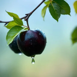 Generate a close-up image of three black apples hanging from a branch with fresh green leaves. The apples are covered in water droplets, and a few droplets are falling from them. The background is a soft, blurred gradient of blue and green, giving the impression of a cool, misty morning. The focus should be on the vibrant colors of the apples and the clarity of the water droplets, with the leaves and branch providing natural framing.